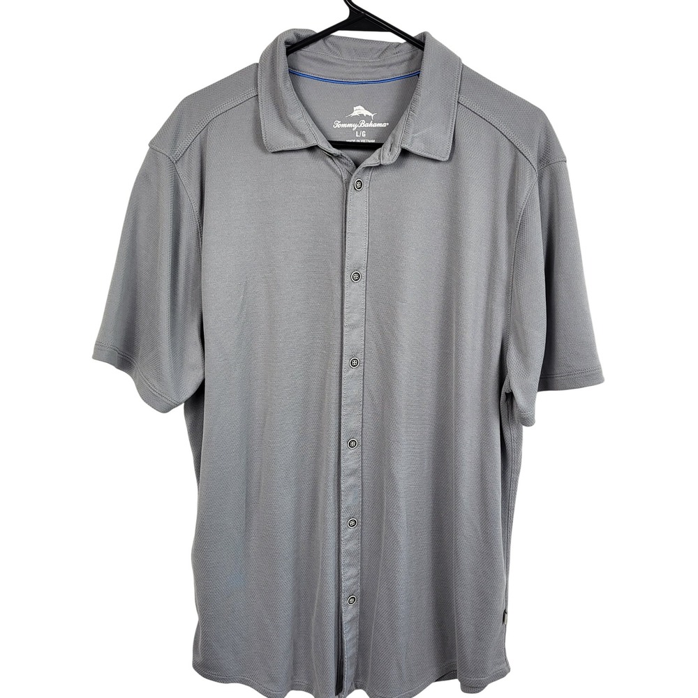 Tommy Bahama Mens Large Gray Performance Polo Button Front Shirt Tencel Blend